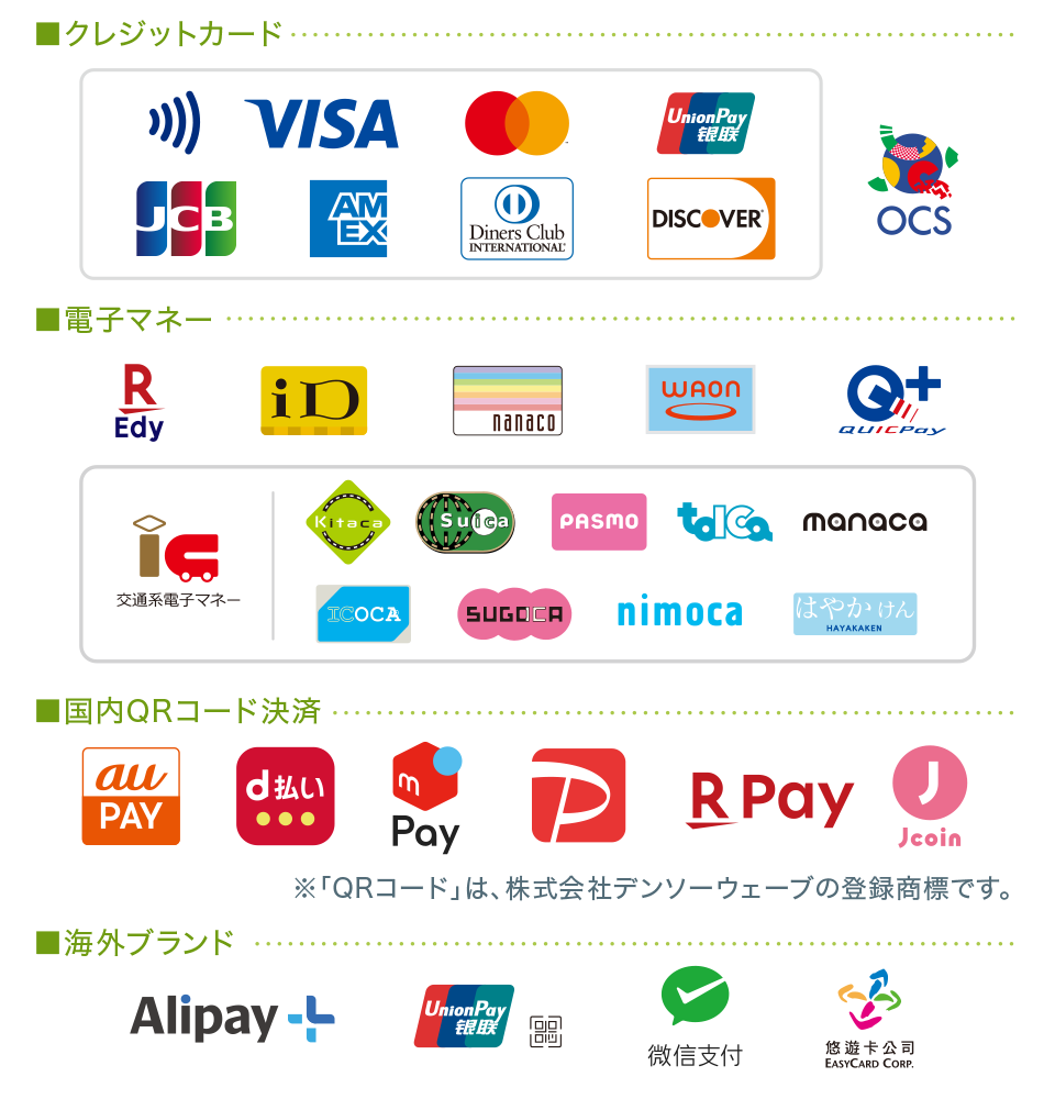 【クレジットカード】VISA、Master Card、UnionPay（銀聯）、JCB、AMERICAN EXPRESS、Diners Club、DISCOVER、OCS 【電子マネー】楽天 Edy、iD、nanaco、waon 、QUICPay、 ［交通系］Kitaca、Suica、PASMO、TOICA、manaca、ICOCA、SUGOCA、nimoca、はやかけん【国内QRコード決済】au PAY、d払い、メルペイ、PayPay、楽天ペイ、J-coin Pay ※「QRコード」は、株式会社デンソーウェーブの登録商標です。【海外ブランド】Alipay+、UnionPay（銀聯）、WeChat Pay（微信支付）、EasyCard（悠遊卡）