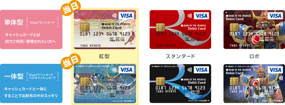 りゅうぎんVisaデビットカードの券面デザインは単体型・一体型それぞれ3種類の計6種類ございます。デザイン：紅型（当日発行可能）、スタンダード、ロボ単体型[Visaデビットカード]キャッシュカードとは別でご利用・管理されたい方へ一体型[Visaデビットカード＋ICキャッシュカード]キャッシュカードと一体にすることでお財布の中がスッキリ